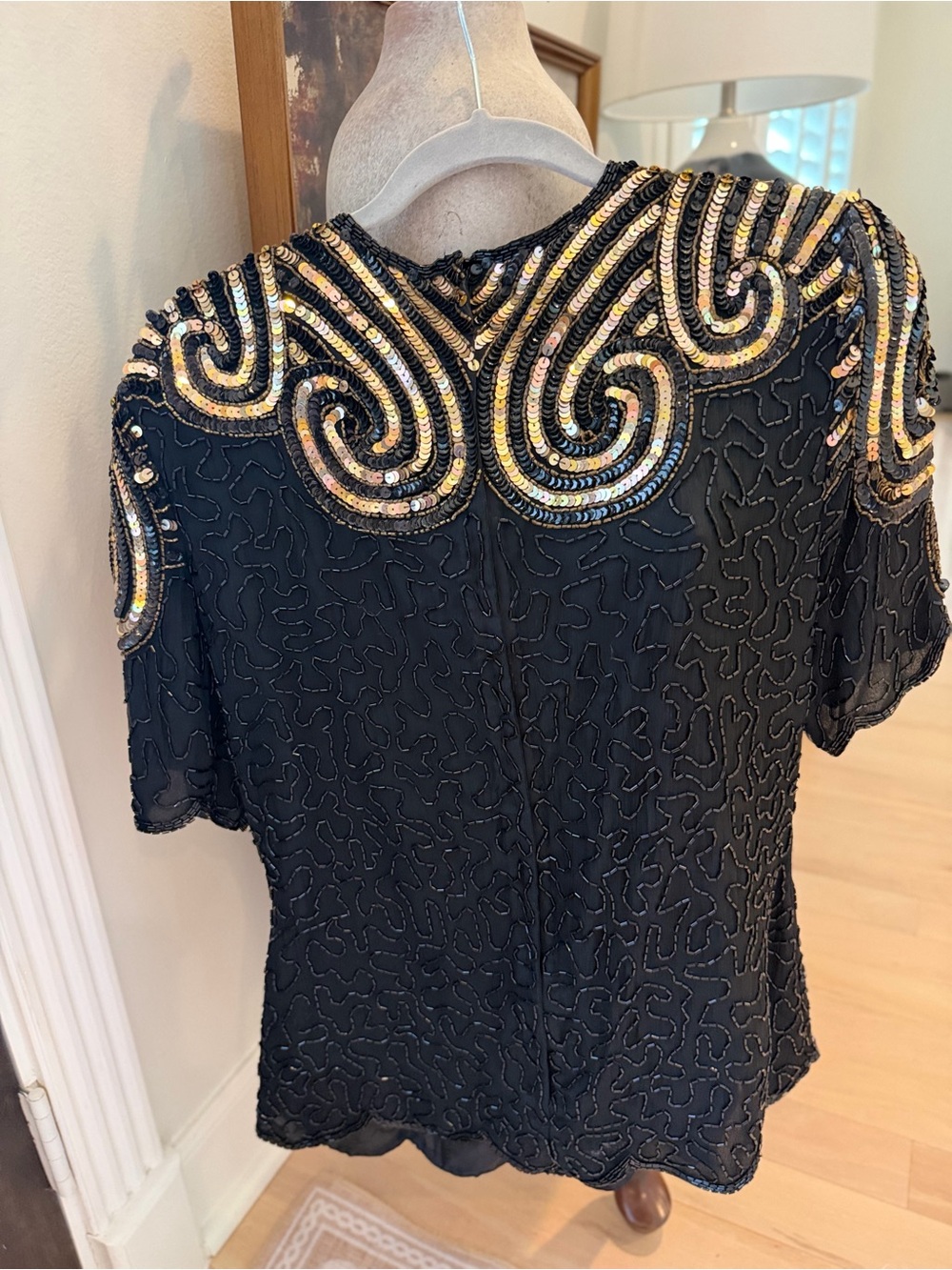 Stenay Black Short Sleeve Top with Gold Sequin Swirl Yoke